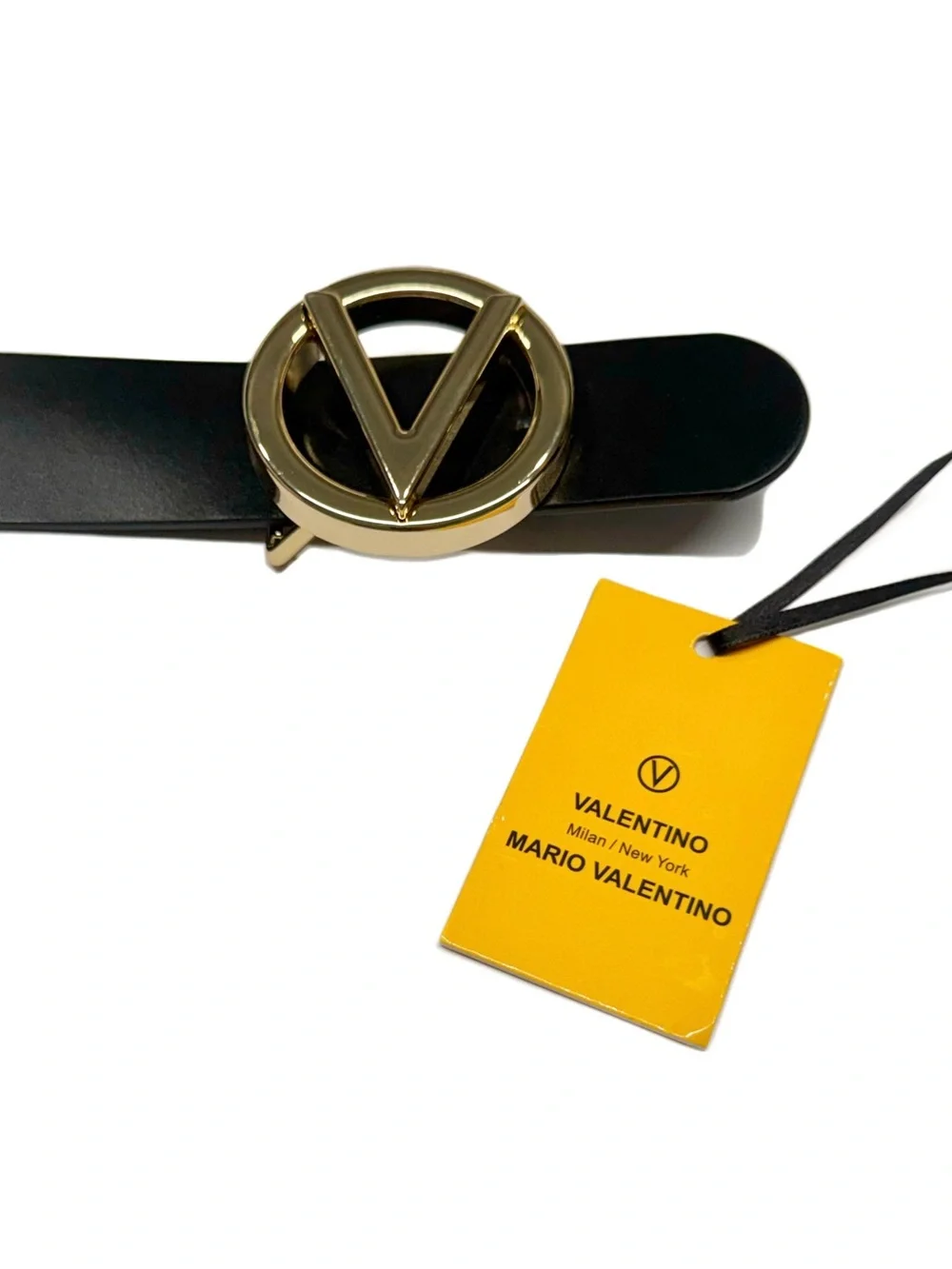 Valentino Gold V Logo Black Leather Belt NWT
